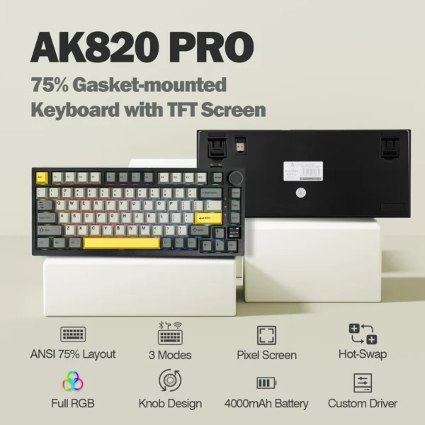 Ajazz AK820 Pro 75% Tri-Mode Mechanical Keyboard with TFT Screen