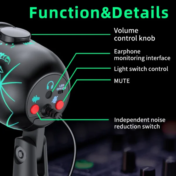 USB Condenser Gaming Microphone with Headphone Jack & LED